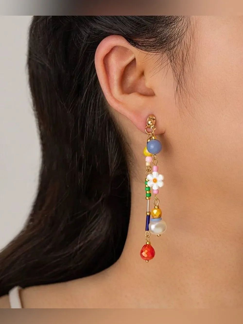 Colorful Beaded Gold Drop Earrings A1696